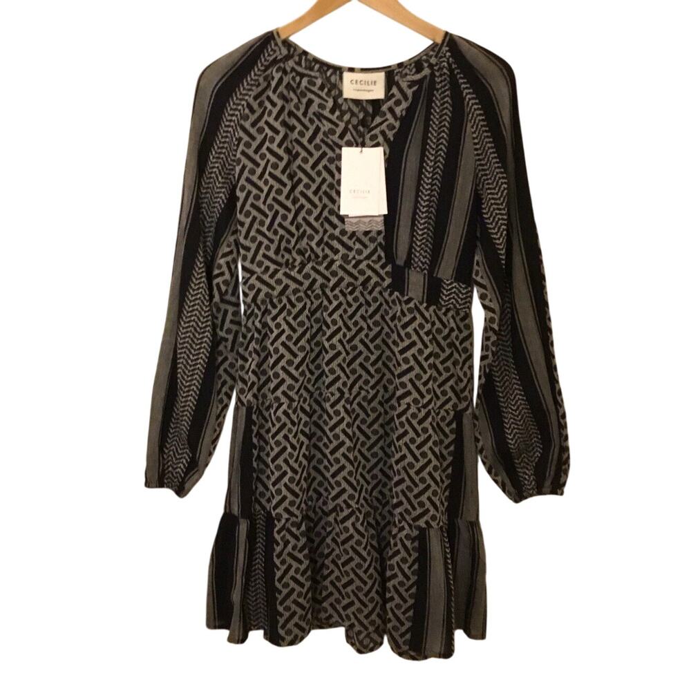 Cecilie Copenhagen black/Stone cotton Geometric LS Mini Dress NWT Monica